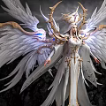 Divine Angelic Female Figure With White Feathered Wings Golden Ornaments And Blue Luminous Accents