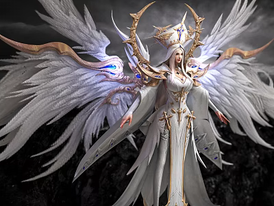 Divine Angelic Female Figure With White Feathered Wings Golden Ornaments And Blue Luminous Accents 3d model