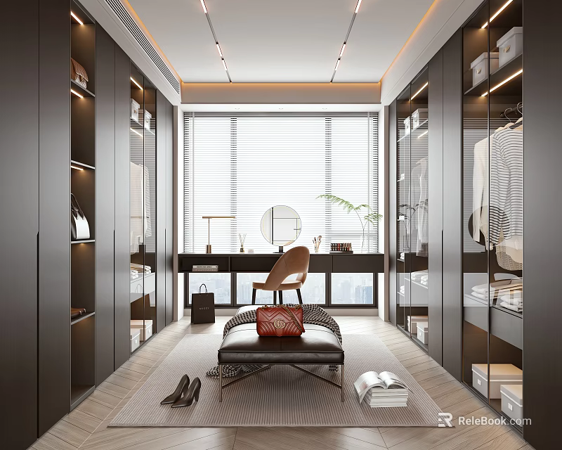 Modern Walk in Closet Design with Dark Cabinets Large Window Blinds Mirror Chair and Storage 3d model 