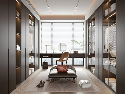Modern Walk in Closet Design with Dark Cabinets Large Window Blinds Mirror Chair and Storage 3d model