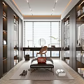 Modern Walk in Closet Design with Dark Cabinets Large Window Blinds Mirror Chair and Storage