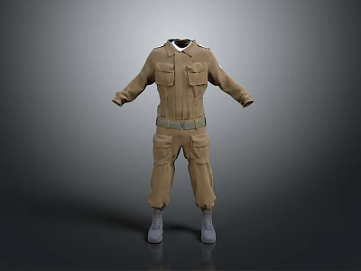 Brown Workwear Jumpsuit With Multiple Pockets White Collar Waist Belt And Gray Boots 3d model