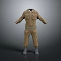 Brown Workwear Jumpsuit With Multiple Pockets White Collar Waist Belt And Gray Boots