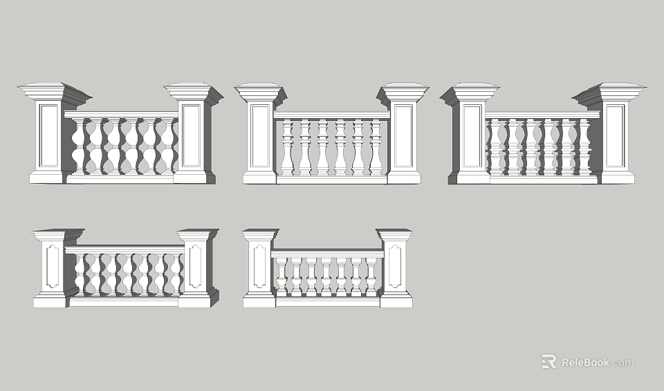 White Decorative Architectural Railings With Multiple Ornate Pillars And Designs 3d model