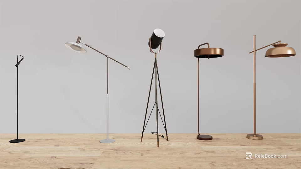 Modern Floor Lamps With Various Designs And Metal Bases On Wooden Floor 3d model 