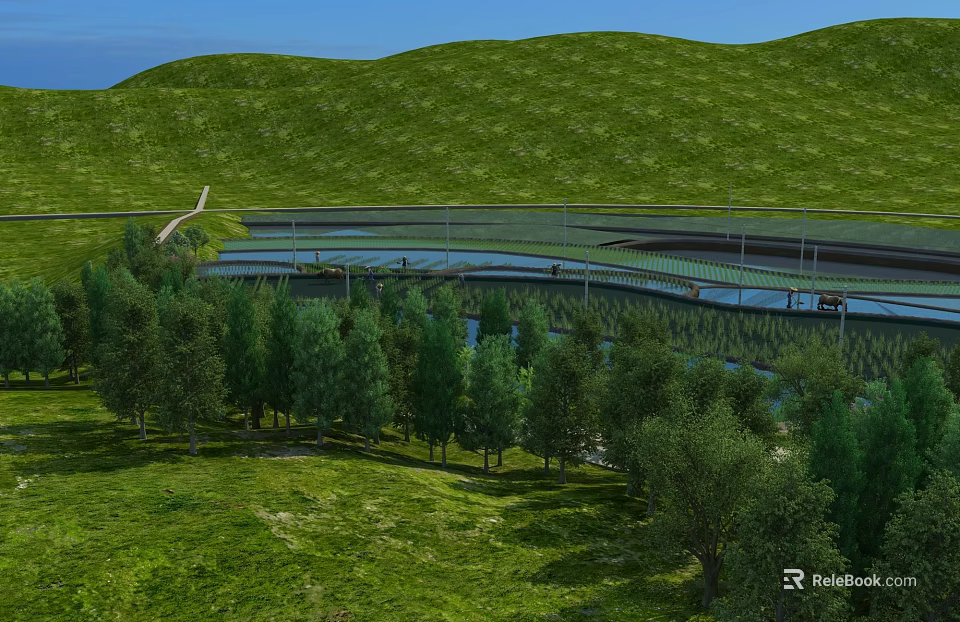 Rural Landscape Featuring Green Hills a Scenic Path and Water Area with Trees and Farmland 3d model 