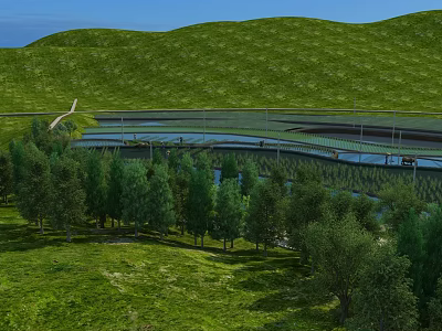 Rural Landscape Featuring Green Hills a Scenic Path and Water Area with Trees and Farmland 3d model