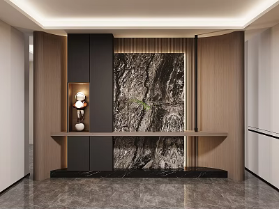 Modern Elegant Reception Area With Marble Backdrop Wooden Counter And Lighting Fixture 3d model