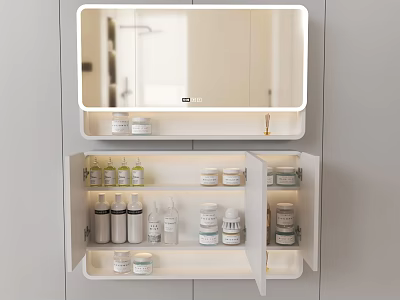 Elegant Modern Bathroom Mirror Cabinet With Open Storage And Toiletries 3d model