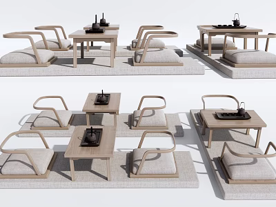 Elegant Minimalist Wooden Tea Table and Chairs Set with Cushioned Seats and Tea Sets 3d model