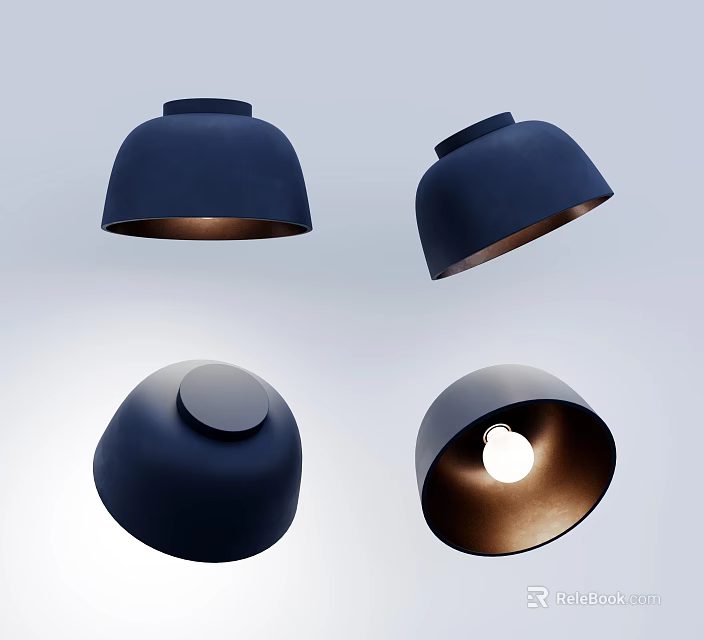 Modern Dark Blue Dome Shaped Ceiling Lights with Metallic Inner Surface and Exposed Bulb Design 3d model 