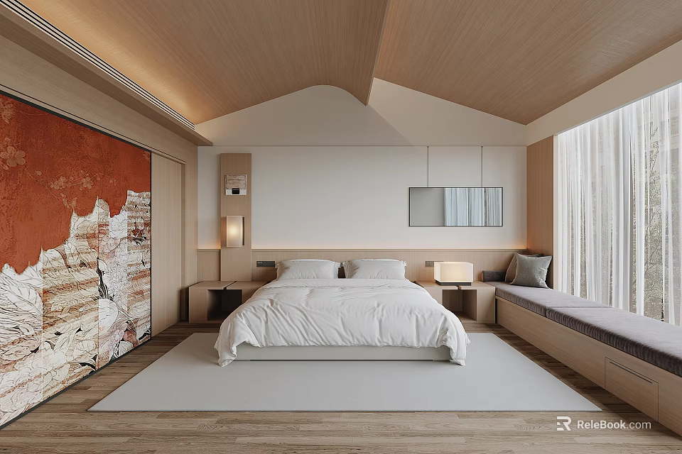 Modern Hotel Room Interior With Wooden Ceiling Red Textured Wall White Bed And Window Bench 3d model 