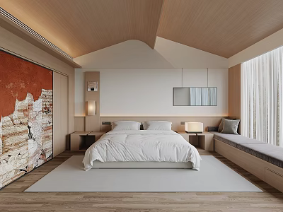 Modern Hotel Room Interior With Wooden Ceiling Red Textured Wall White Bed And Window Bench 3d model