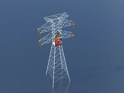 Industrial Equipment High Voltage Transmission Tower Metal Structure with Insulators and Warning Sign 3d model