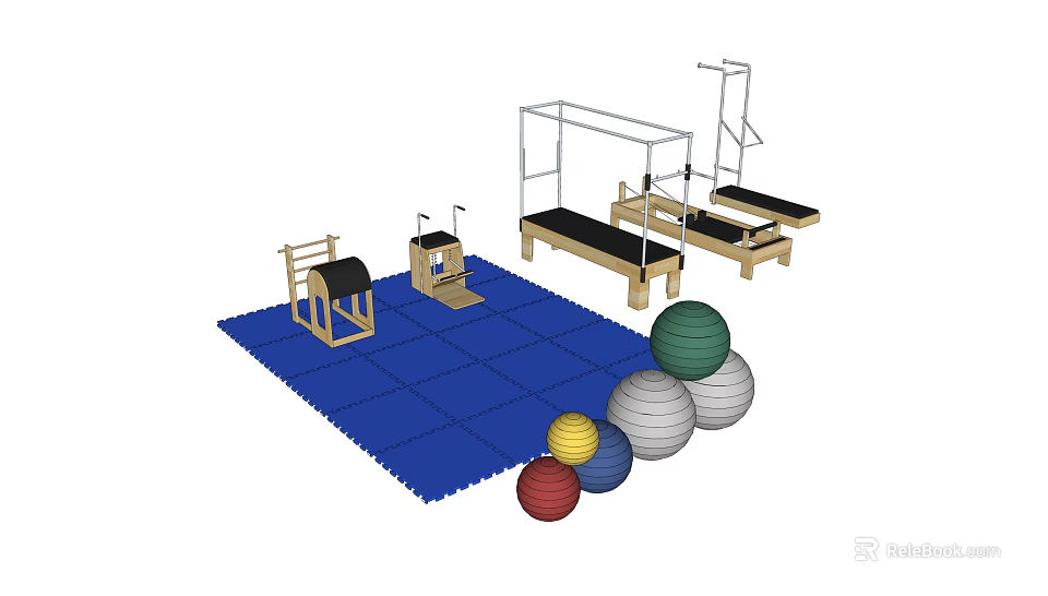 Sports Training Equipment With Blue Exercise Mat And Colorful Fitness Balls For Workout 3d model 