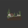 Cartoon Scene With House Red Roof White Walls Greenhouse Small Bridge Pond And Green Trees