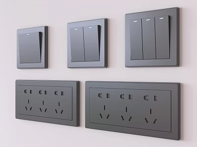 Black Modern Switch Panels with Multiple Switches and Sockets Mounted on White Wall 3d model