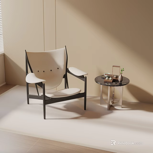 Modern Leisure Chair With White Cushion Black Frame And Marble Side Table In Minimalist Interior 3d model 