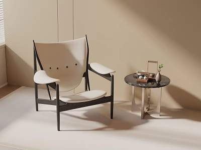 Modern Leisure Chair With White Cushion Black Frame And Marble Side Table In Minimalist Interior 3d model