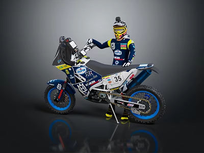 Rally Motorcycle With Number 35 Blue Wheels And Rider In Racing Suit 3d model