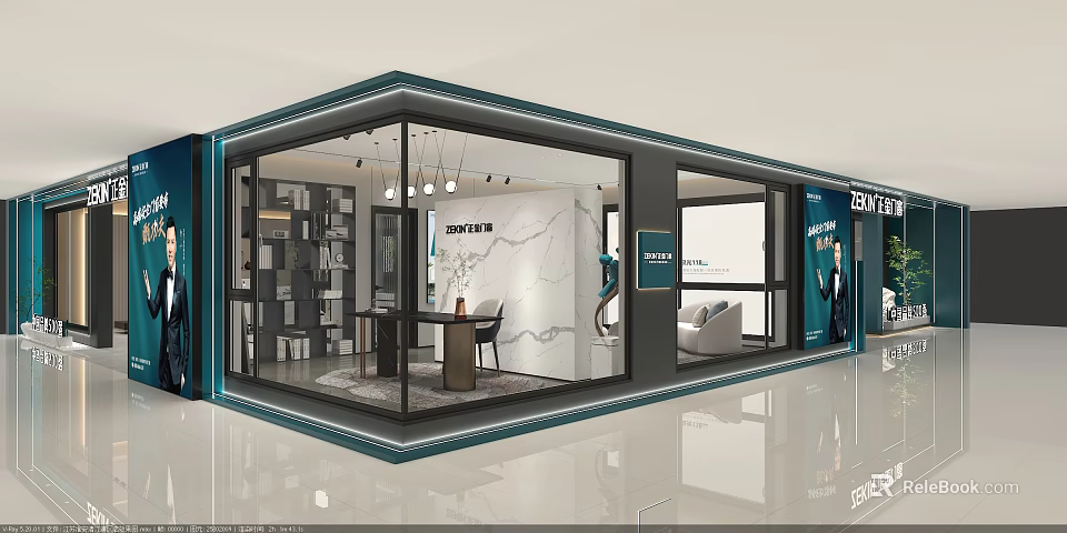 Elegant Modern Exhibition Hall Interior With Luxury Display Cabinets And Marble Elements 3d model