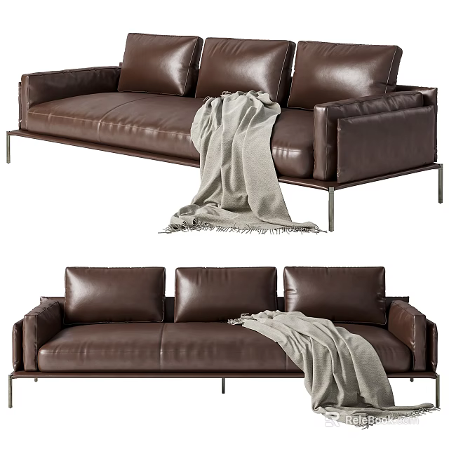 Brown Leather Multi Seat Sofa With Metal Frame And Gray Blanket 3d model