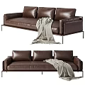 Brown Leather Multi Seat Sofa With Metal Frame And Gray Blanket 3d model