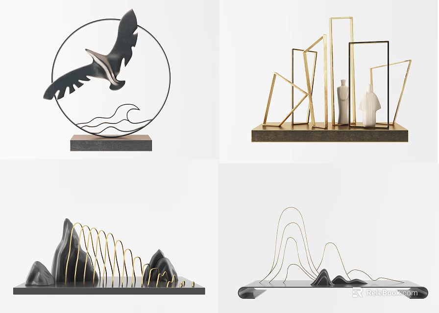 Modern Decorative Ornament Set With Metal Frame Geometric Design And Mountain Elements 3d model 