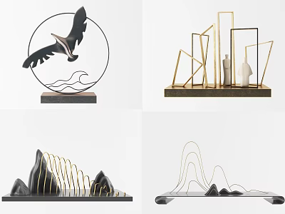 Modern Decorative Ornament Set With Metal Frame Geometric Design And Mountain Elements 3d model