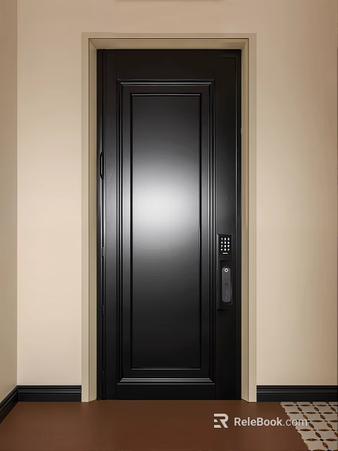Black Security Door With Vertical Lines Design And Electronic Keypad Lock Against Light Colored Wall 3d model 
