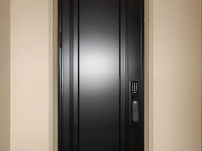 Black Security Door With Vertical Lines Design And Electronic Keypad Lock Against Light Colored Wall 3d model