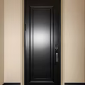 Black Security Door With Vertical Lines Design And Electronic Keypad Lock Against Light Colored Wall