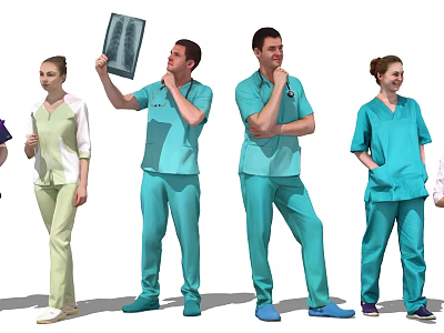 Medical Staff Group In Scrubs Standing Together Holding X Ray 3d model