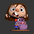 Cartoon Figurine With Brown Hair Big Eyes Red Shirt Holding Purple Animal On Wooden Base