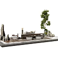 Natural Stone Decorative Tea Table And Chairs With Green Plants And Slate Floor