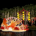 Decorative Golden Fish Display With Red Lanterns String Lights And Green Trees 3d model
