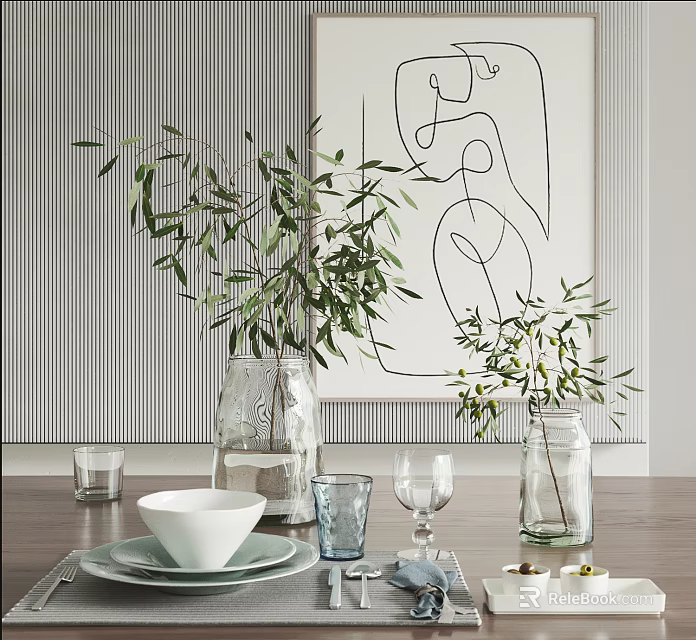 Elegant Tableware Set With White Bowls Plates Glass Cups And Olive Branches In Clear Vases 3d model 