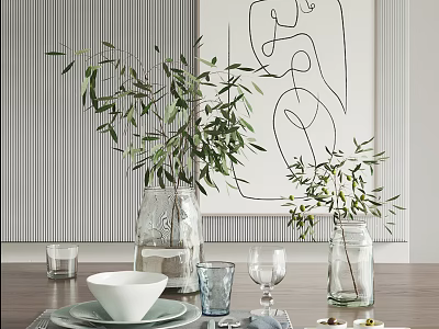 Elegant Tableware Set With White Bowls Plates Glass Cups And Olive Branches In Clear Vases 3d model