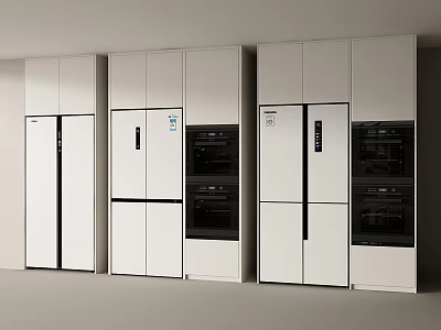 White Refrigerators And Freezers In Modern Open Kitchen With Black Ovens And White Cabinets 3d model