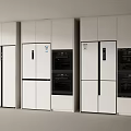 White Refrigerators And Freezers In Modern Open Kitchen With Black Ovens And White Cabinets