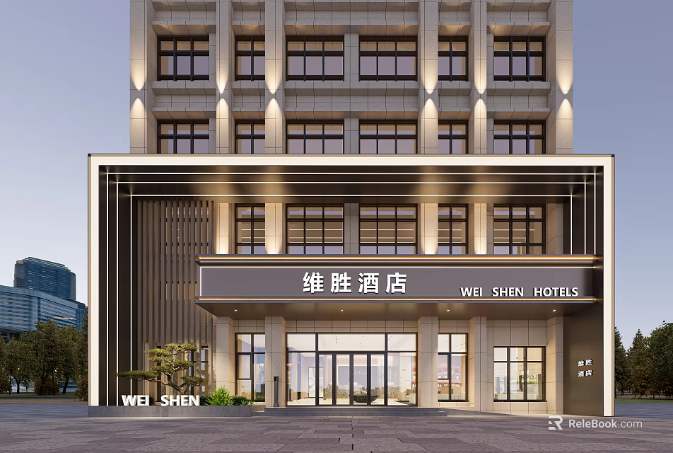 Modern WIL SHEN Hotel Building Exterior With Illuminated Façade And Glass Entrance 3d model 