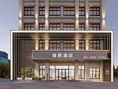 Modern WIL SHEN Hotel Building Exterior With Illuminated Façade And Glass Entrance 3d model