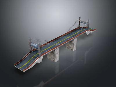 Suspension Bridge Model With Tower Cables Deck Piers And Yellow Lines 3d model