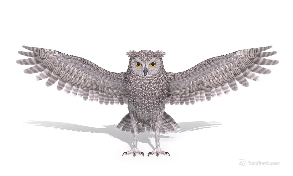 Majestic Flying Animal Owl Standing With Spread Wings And Detailed Grey Feathers 3d model 