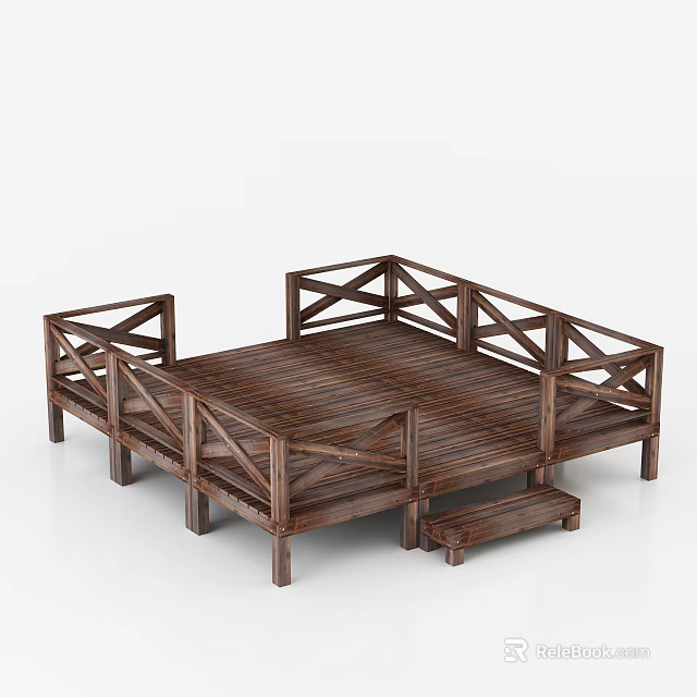 Sturdy Elevated Wooden Roadside Deck with Safety Railings and Steps 3d model 
