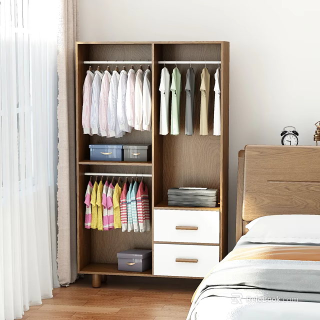 Modern Wooden Wardrobe In Bedroom With Hanging Rods Drawers And Storage Boxes For Colorful Clothes 3d model 