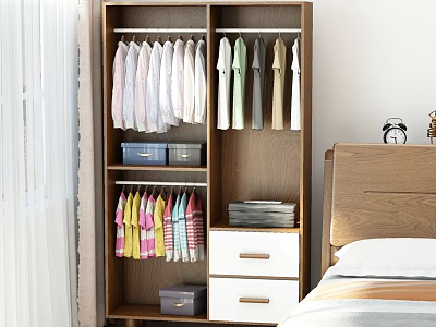 Modern Wooden Wardrobe In Bedroom With Hanging Rods Drawers And Storage Boxes For Colorful Clothes 3d model