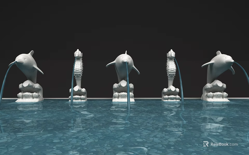 Garden Ornament With Dolphin And Seahorse Sculptures In Pool Water Fountains 3d model 