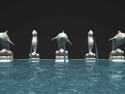 Garden Ornament With Dolphin And Seahorse Sculptures In Pool Water Fountains 3d model