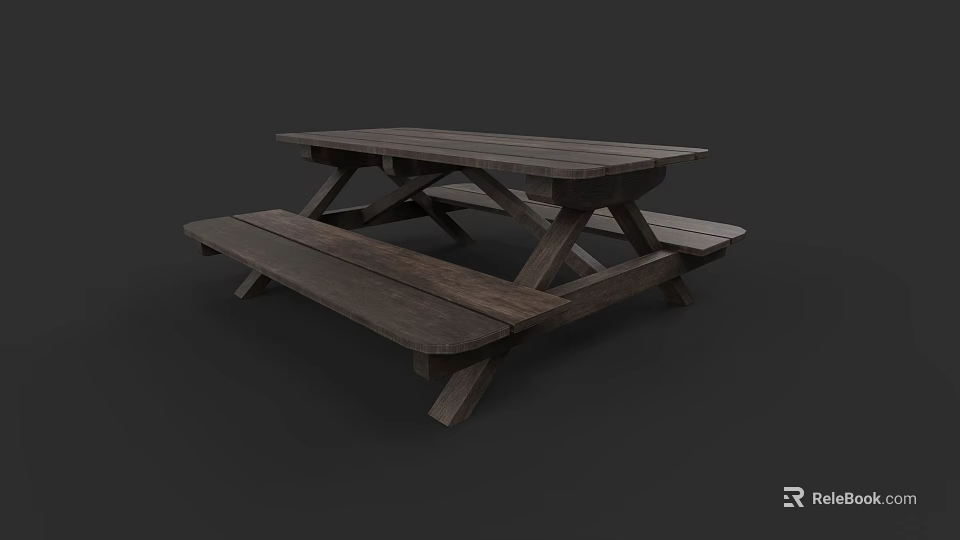 Wooden Picnic Table With Attached Benches For Outdoor Public Area Seating 3d model 